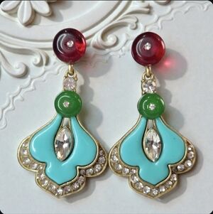 Exquisite Gold Turquoise Enamel Ruby Emerald Bead Crystal Statement Earrings